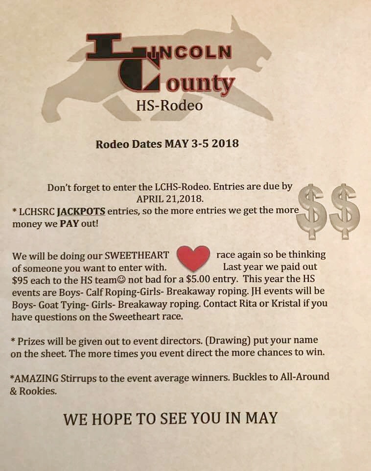 Flyer for the Lincoln County High School Rodeo. Event is May 3-5, 2018 at the Lincoln County Fairgrounds in Panaca.